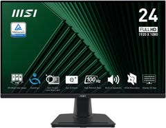 MSI Pro MP245G 24 Inch Monitor, FHD (1920 x 1080), 100Hz, IPS, 1ms, 1x HDMI 1.4b, 1x DP 1.2a output, 1x D-Sub(VGA), Built-in Speakers, Anti-Glare, Anti-Flicker, Less Blue light, TÜV Certified, VESA, Kensington, Black4711377280723