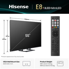 Hisense 55" E8QTUK MiniLED 144Hz Smart AI TV with Freely55E8QTUK
