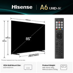 Hisense 85" A6QTUK 4K Ultra HD Smart TV with Freely85A6QTUK