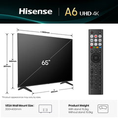 Hisense 65" A6QTUK 4K Ultra HD Smart TV with Freely65A6QTUK